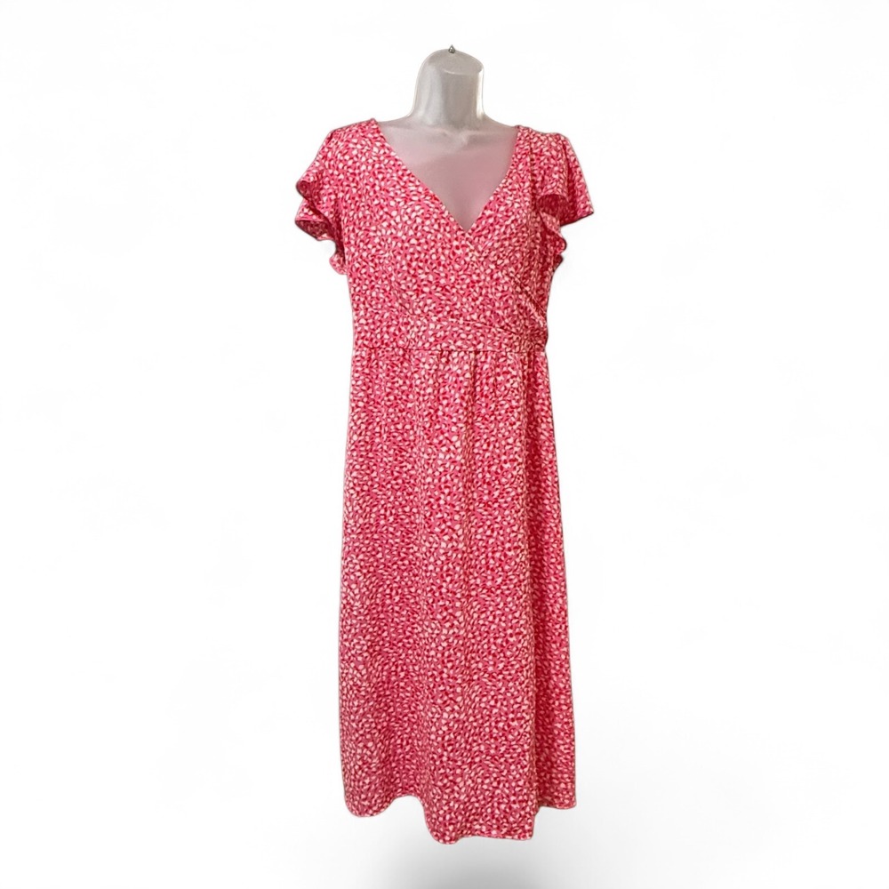 QUIZ Wrap Midi Dress Womens Size 10 Pink Abstract Print Flutter‎ Sleeve Tie Back